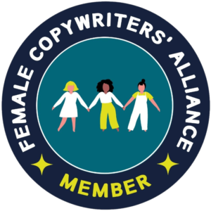 Circular badge with three illustrated women holding hands and the text “Female Copywriters’ Alliance - Grand Vizier.”