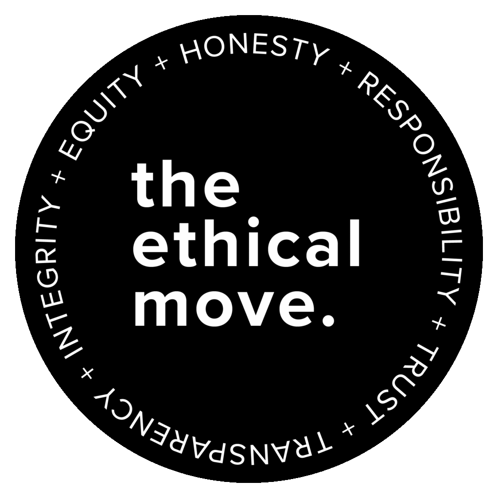 Black circular badge with white text “the ethical move.” in the center, surrounded by values like equity, honesty, trust, and transparency.