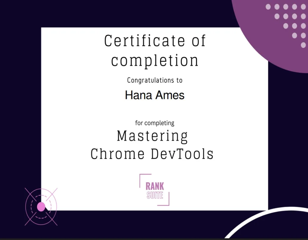 Ranksuite certificate of completion for Chrome DevTools