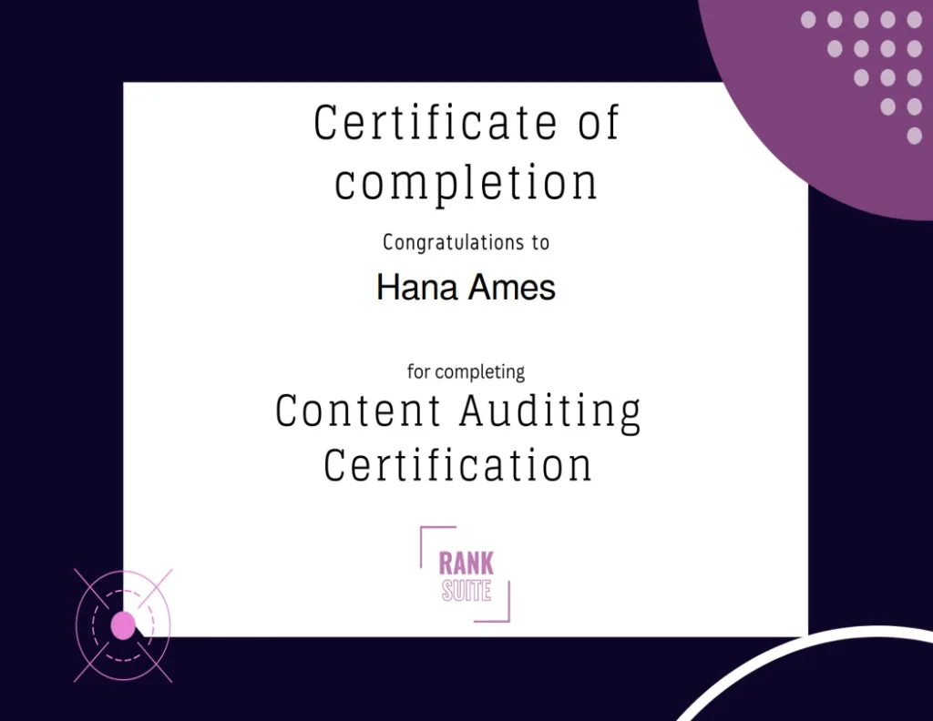 Ranksuite certificate of completion for Content Auditing