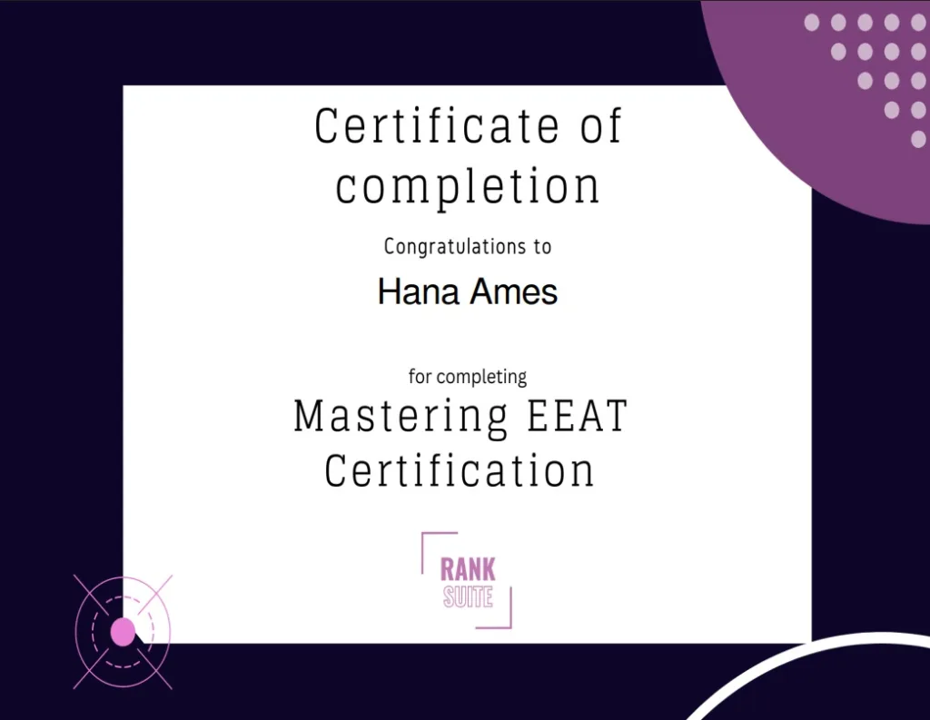 Ranksuite certificate of completion for Understanding and Utilising EEAT