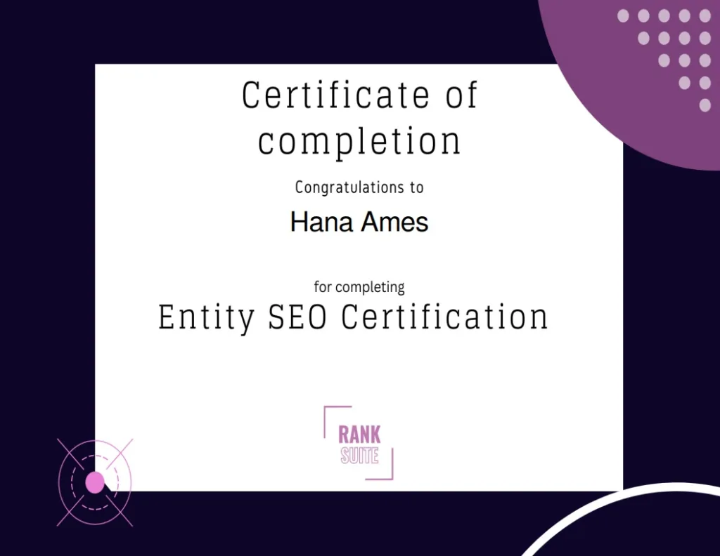 Ranksuite certificate of completion for Entity SEO