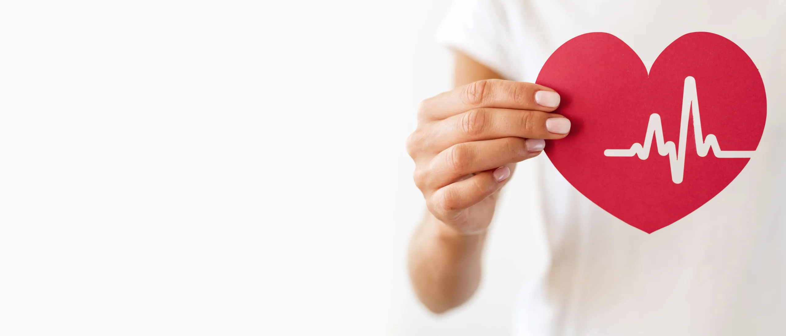 Person holding a red paper heart with a heartbeat line symbol on a white background.