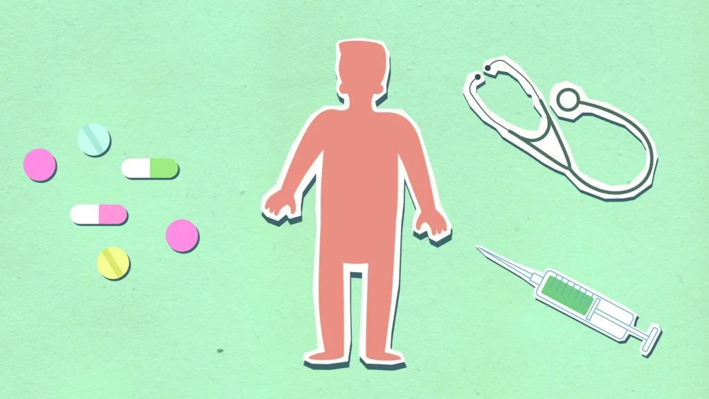 Illustration of human body with pills, stethoscope, and syringe