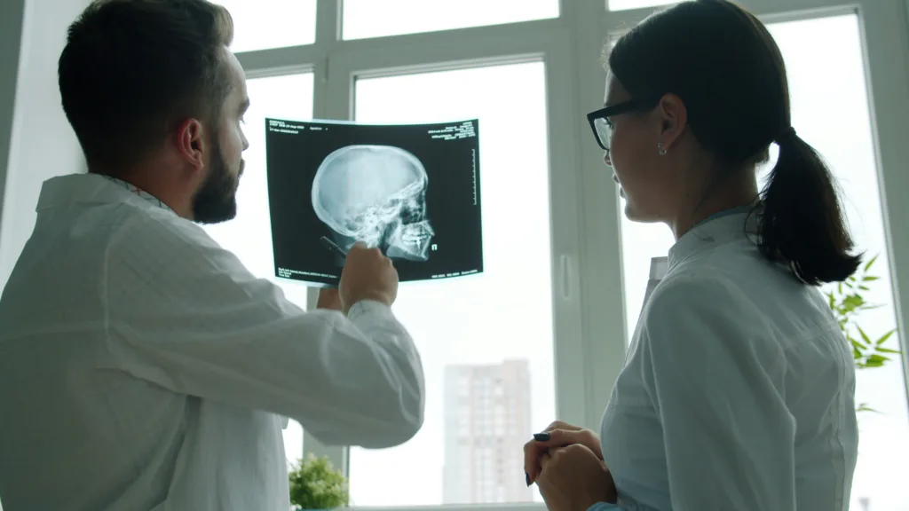 Two doctors examining an x-ray of a human skull.