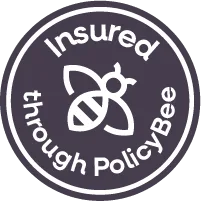 Circular black badge with a bee icon in the center and the text “Insured through PolicyBee” surrounding it.