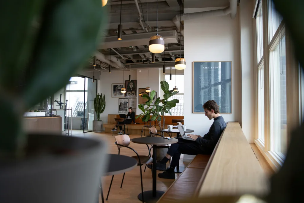 Person sitting in a bright, modern cafe, working on their laptop.
