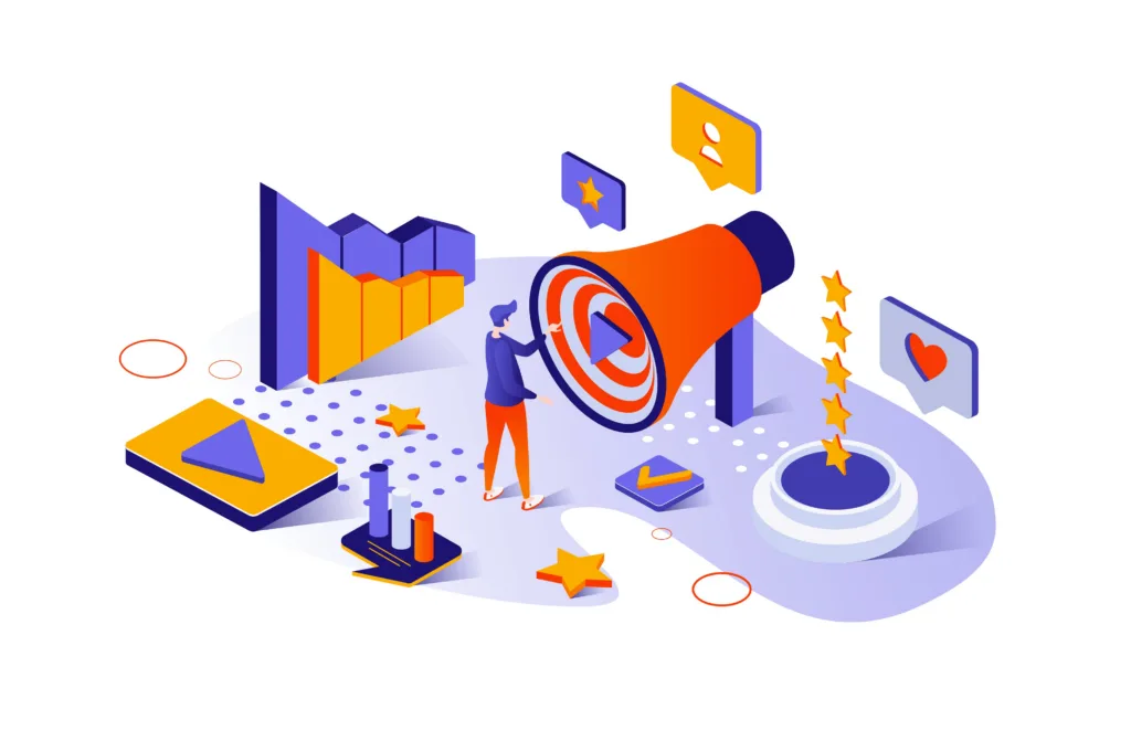 Cartoony graphic of a person pointing at a giant megaphone, surrounded by star ratings, bar charts, ‘like’ symbols and ‘play’ buttons.
