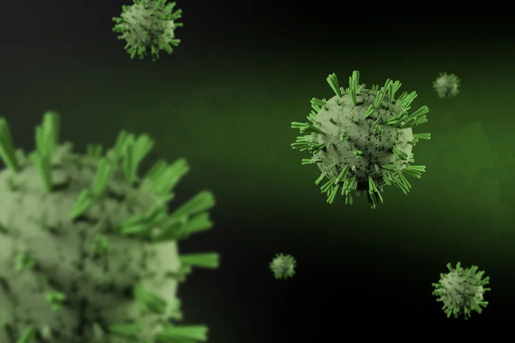 Close-up 3D render of virus particles floating on a dark green background, showcasing detailed virus structure