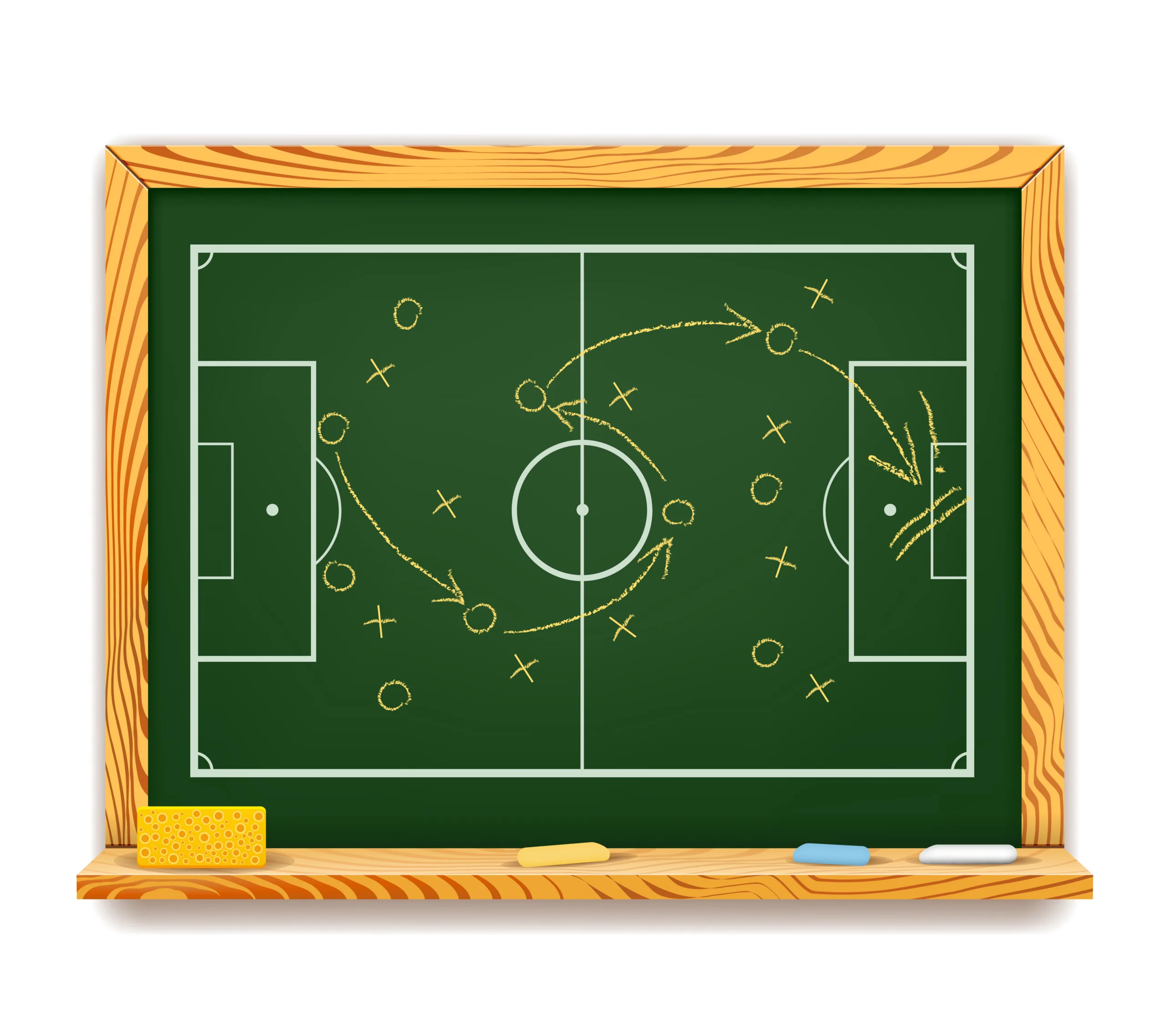 Blackboard showing a schematic game plan for football with an overhead view