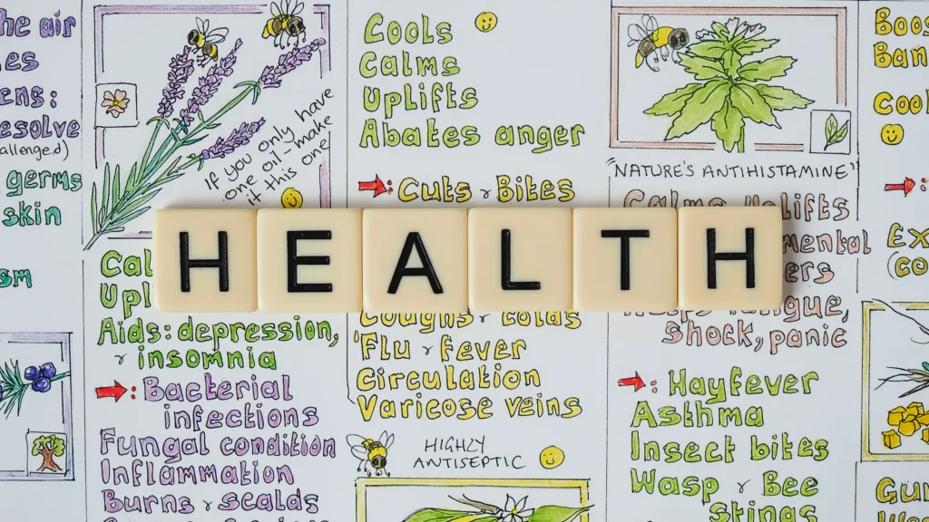 Creative representation of herbal health benefits using illustrated letter tiles spelling 'health'